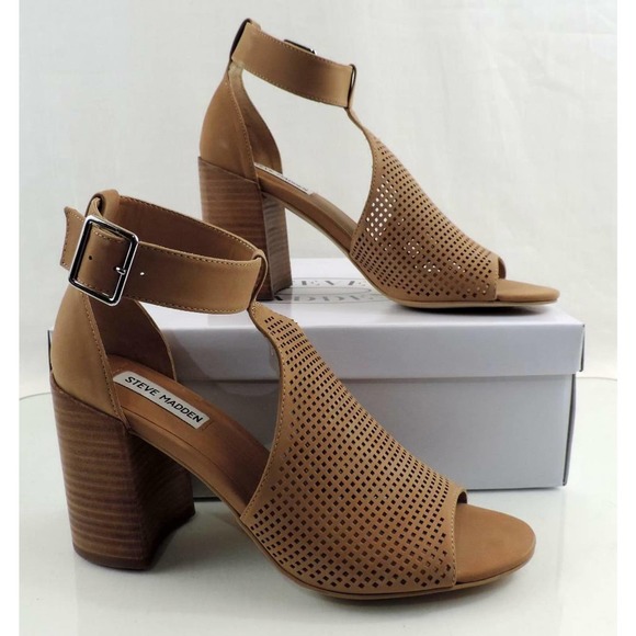 Steve Madden Sawyer Block Heel Sandals Perforated Leather Tan Nubuck Size 9.5 - Picture 7 of 7
